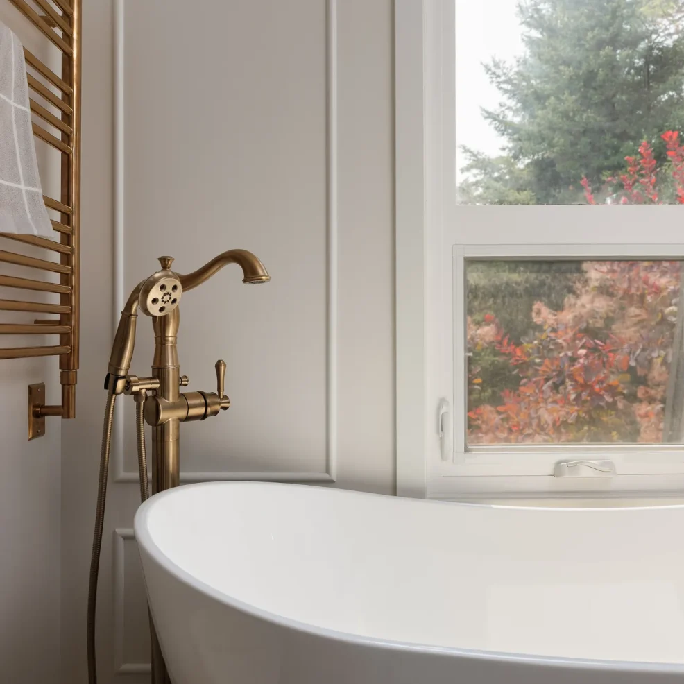 Freestanding tub with brass floor-mounted filler and heated towel rail, 10 Mile Point renovation by Maverick Design, Victoria BC