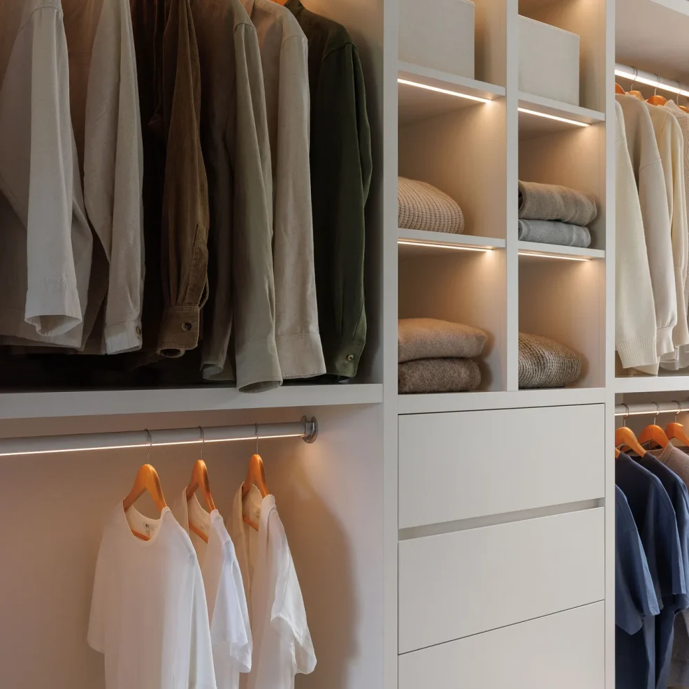 Walk-in closet with integrated LED lighting, open shelving and flat-front drawers, 10 Mile Point renovation by Maverick Design, Victoria BC